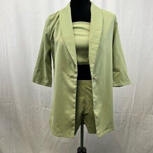 Shein Womens 3 Piece Outfit Set Green 3/4 Sleeve Open Front Smocked Satin XS